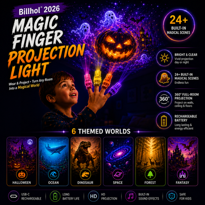 Billhol® 🎃2026 Magic Finger Projection Light-Halloween Limited Edition👻 Create 24+ Immersive Scenes Across 6 Themed Worlds