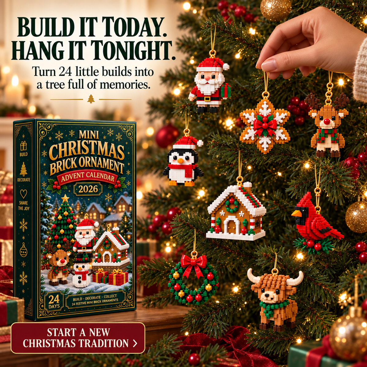 🎄🧱 Build & Hang Christmas Countdown – 24 Mini Holiday Brick Ornaments