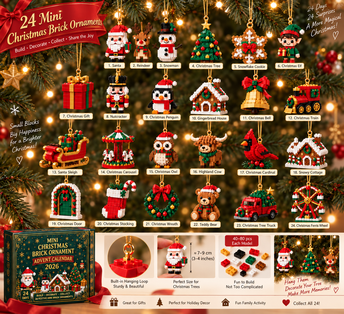 🎄🧱 Build & Hang Christmas Countdown – 24 Mini Holiday Brick Ornaments