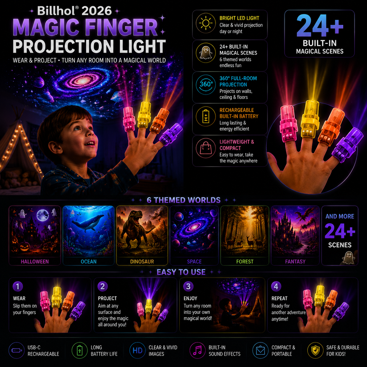 Billhol® 🎃2026 Magic Finger Projection Light-Halloween Limited Edition👻 Create 24+ Immersive Scenes Across 6 Themed Worlds