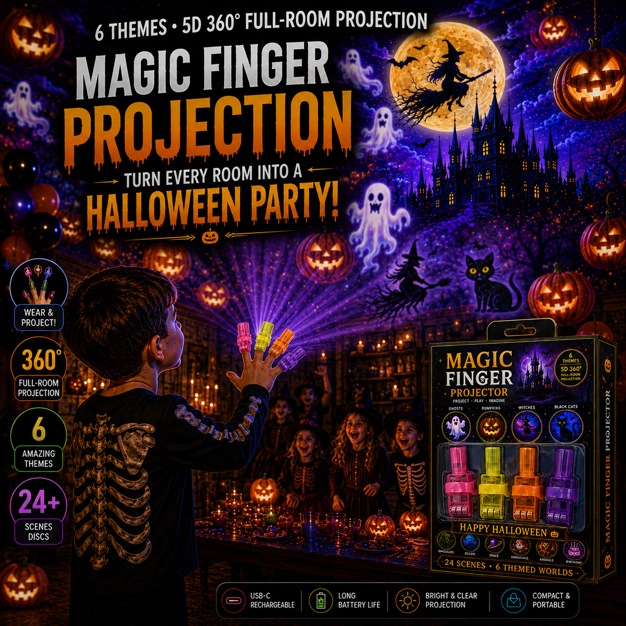Billhol® 🎃2026 Magic Finger Projection Light-Halloween Limited Edition👻 Create 24+ Immersive Scenes Across 6 Themed Worlds