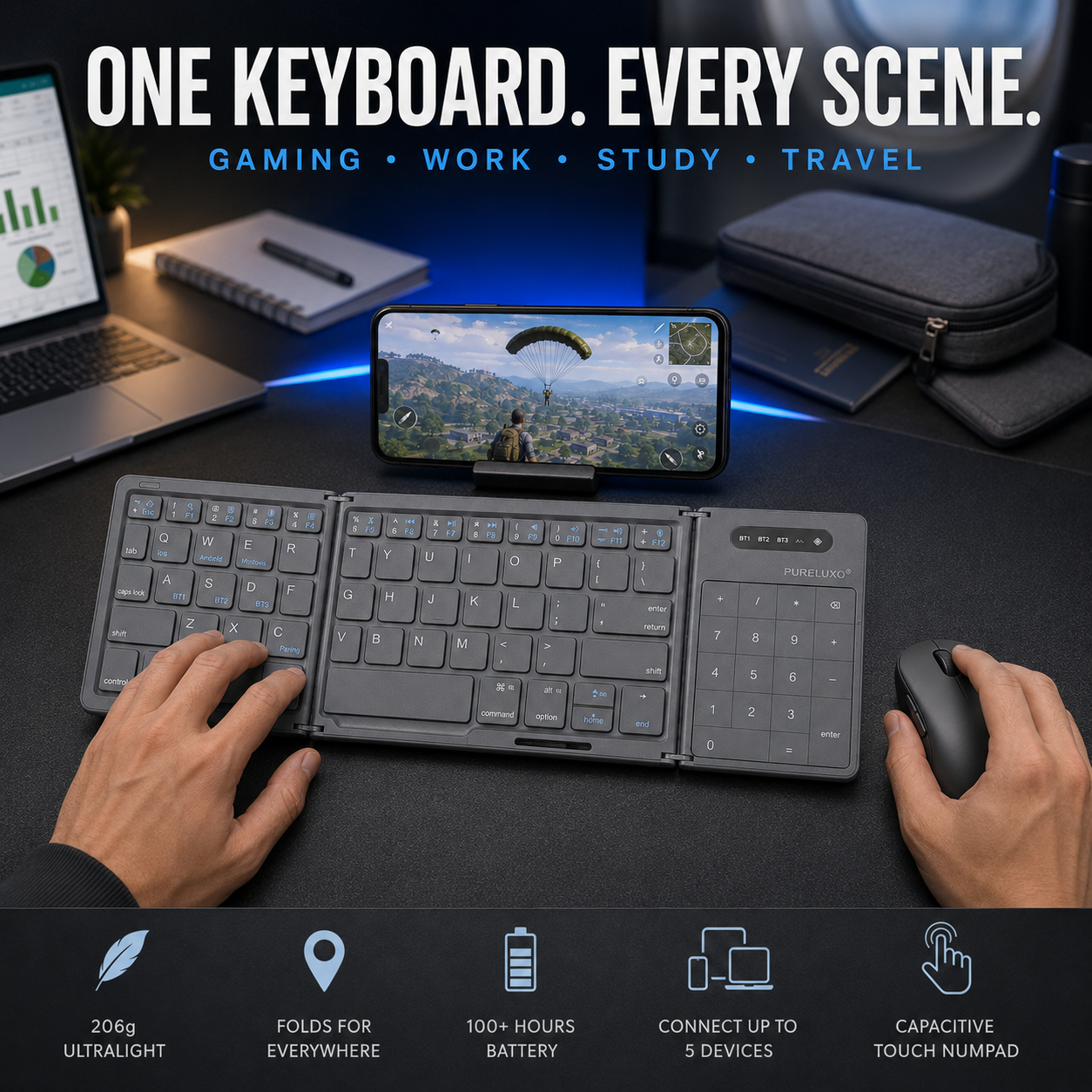 🔥Pureluxo® FoldLink Pro — 5-Device Folding Touch Numpad Keyboard