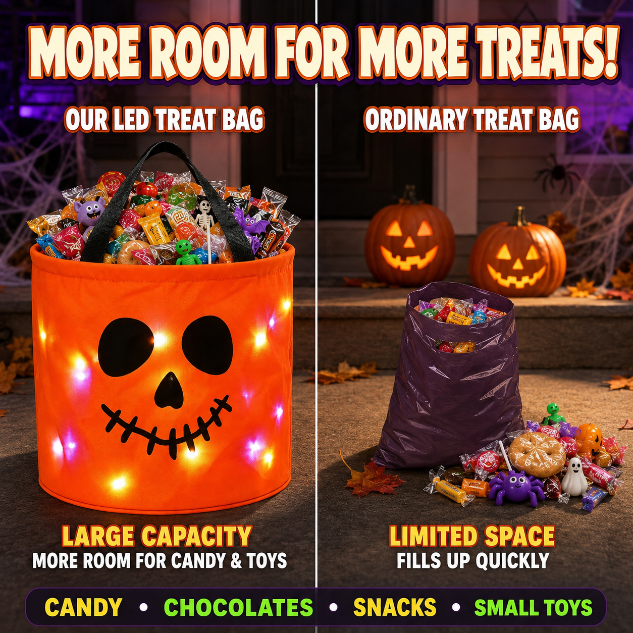 LED Light-Up Halloween Pumpkin Candy Buckets – Reusable Trick-or-Treat Bags🎃