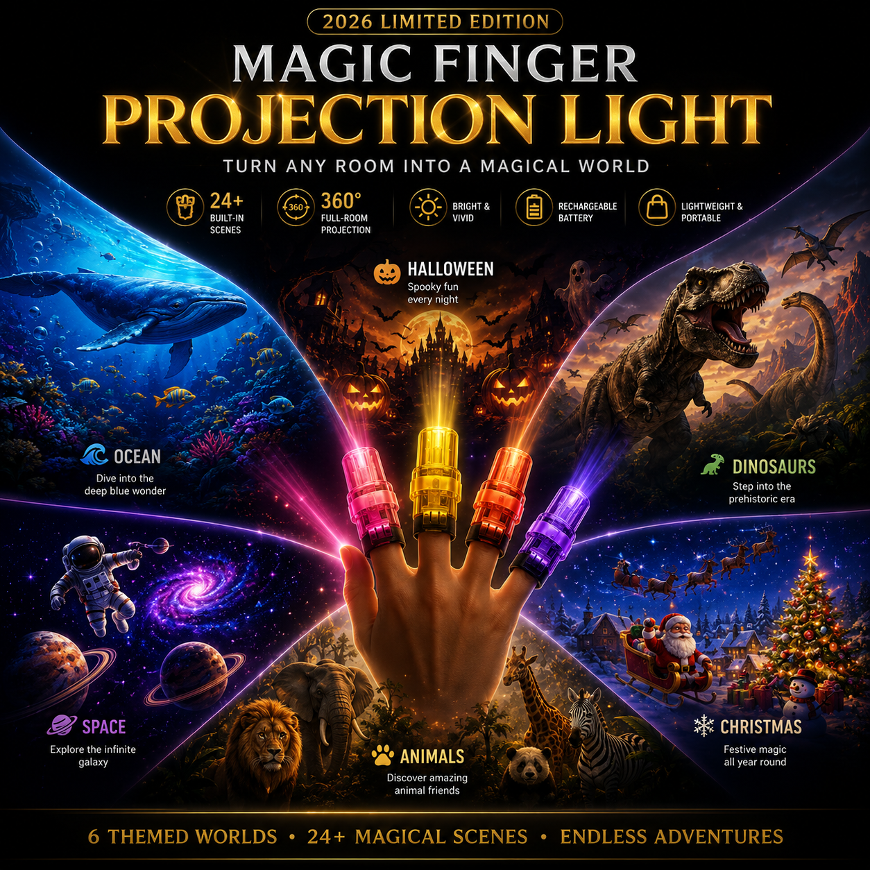 Billhol® 🎃2026 Magic Finger Projection Light-Halloween Limited Edition👻 Create 24+ Immersive Scenes Across 6 Themed Worlds