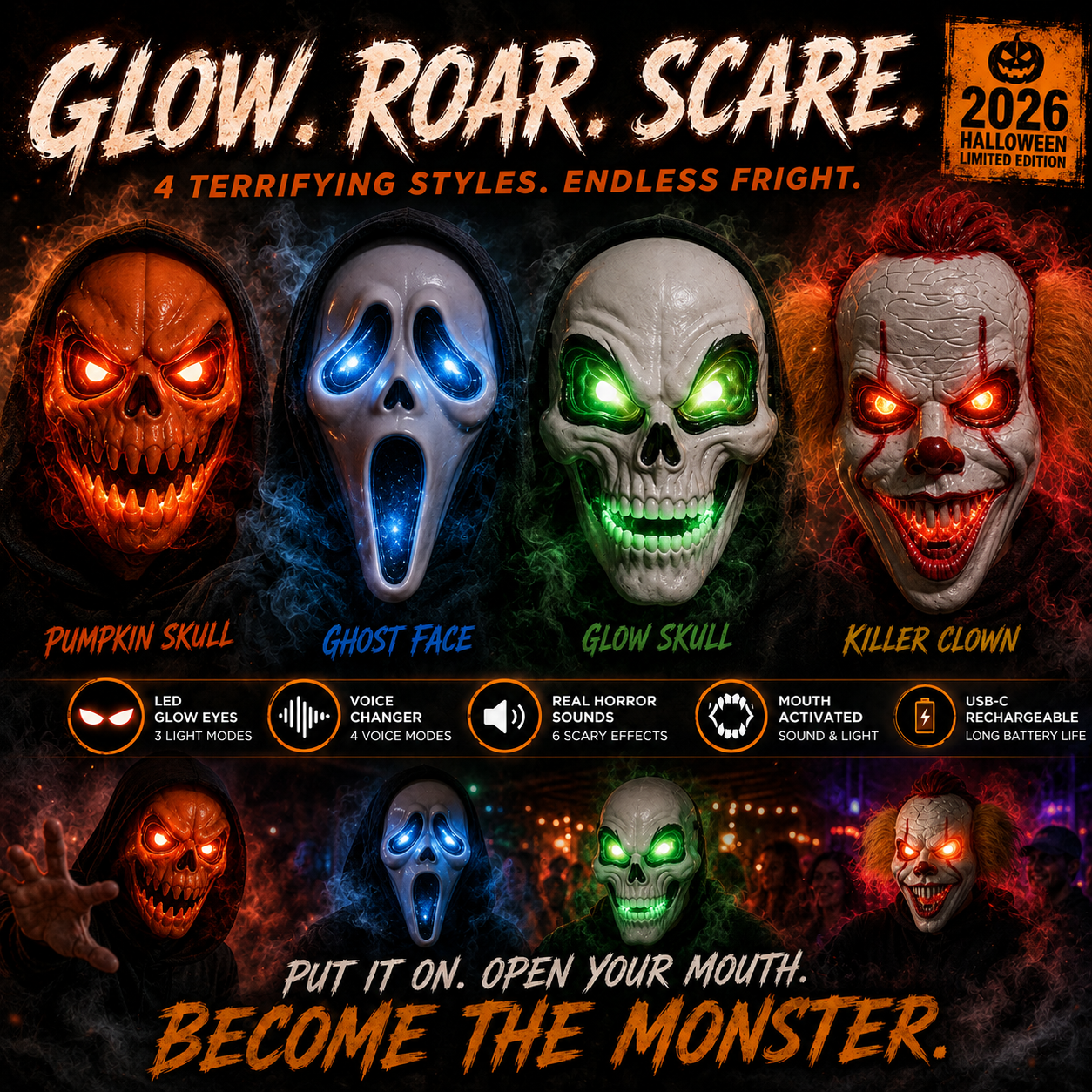 🎃 Careflux® 2026 Interactive Glow Halloween Mask 👻🌫️🔊