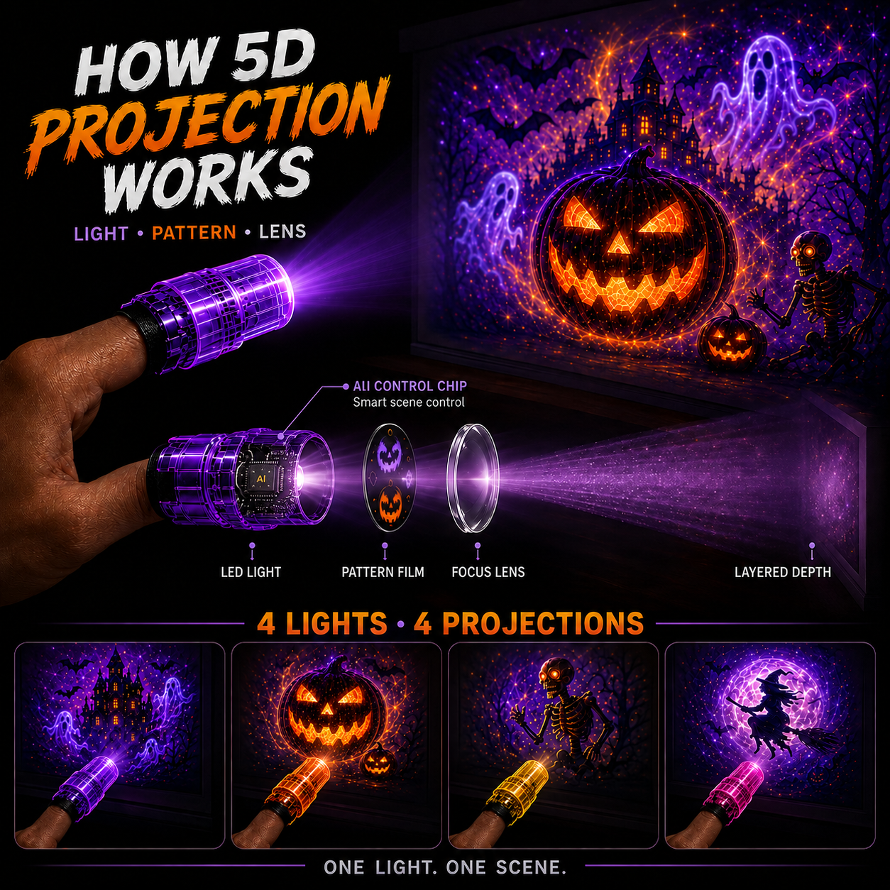 Billhol® 🎃2026 Magic Finger Projection Light-Halloween Limited Edition👻 Create 24+ Immersive Scenes Across 6 Themed Worlds