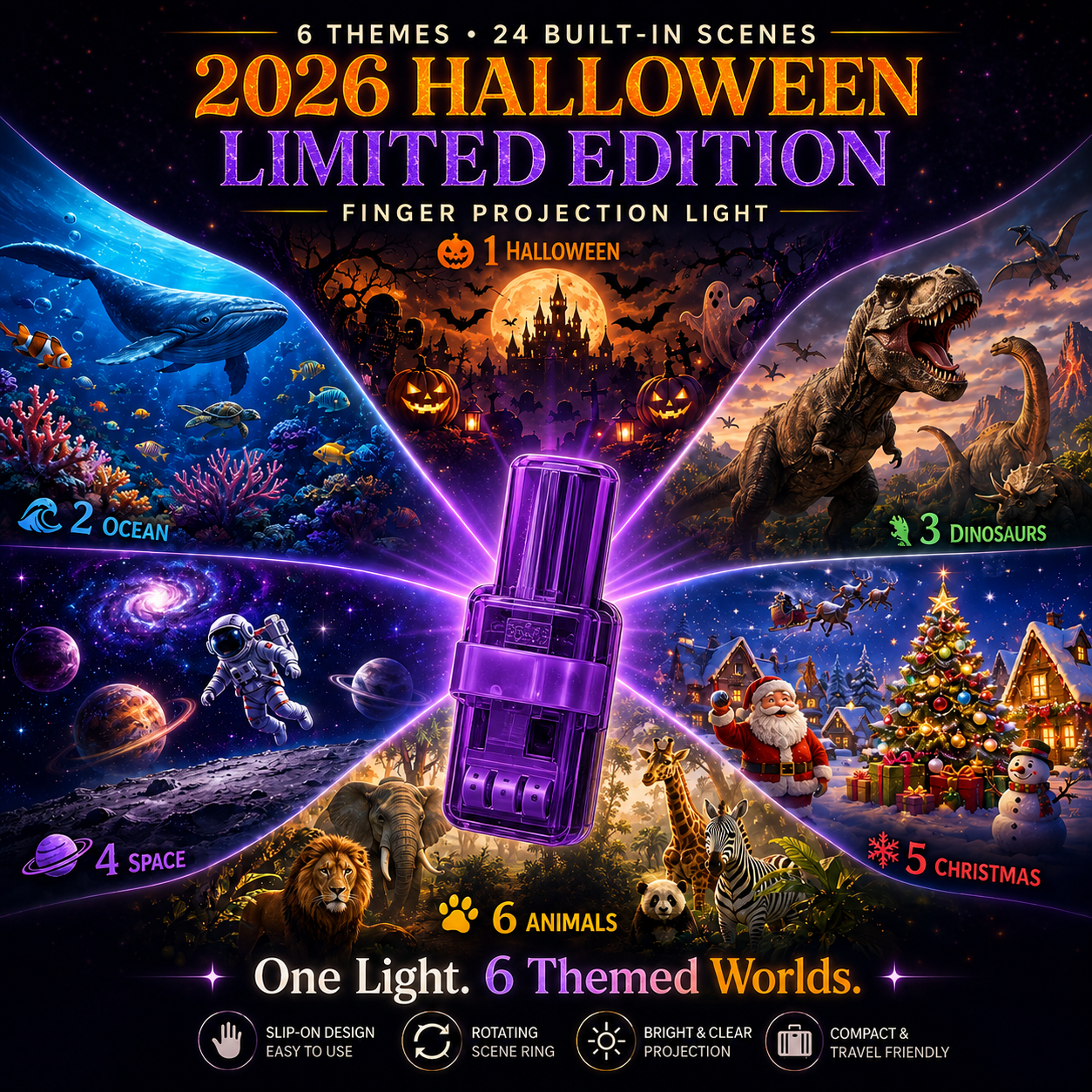 Billhol® 🎃2026 Magic Finger Projection Light-Halloween Limited Edition👻 Create 24+ Immersive Scenes Across 6 Themed Worlds
