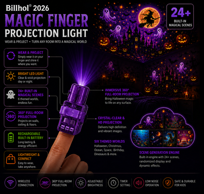 Billhol® 🎃2026 Magic Finger Projection Light-Halloween Limited Edition👻 Create 24+ Immersive Scenes Across 6 Themed Worlds