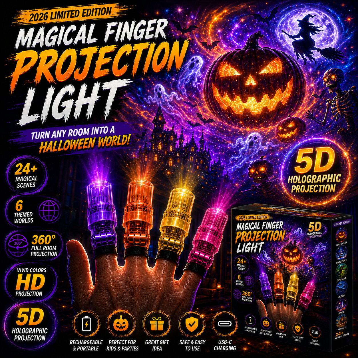 Billhol® 🎃2026 Magic Finger Projection Light-Halloween Limited Edition👻 Create 24+ Immersive Scenes Across 6 Themed Worlds